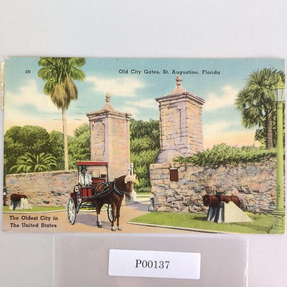 Vintage St Augustine Florida Linen Postcard Oldest City Gates 1949 Horse Buggy - Picture 1 of 2